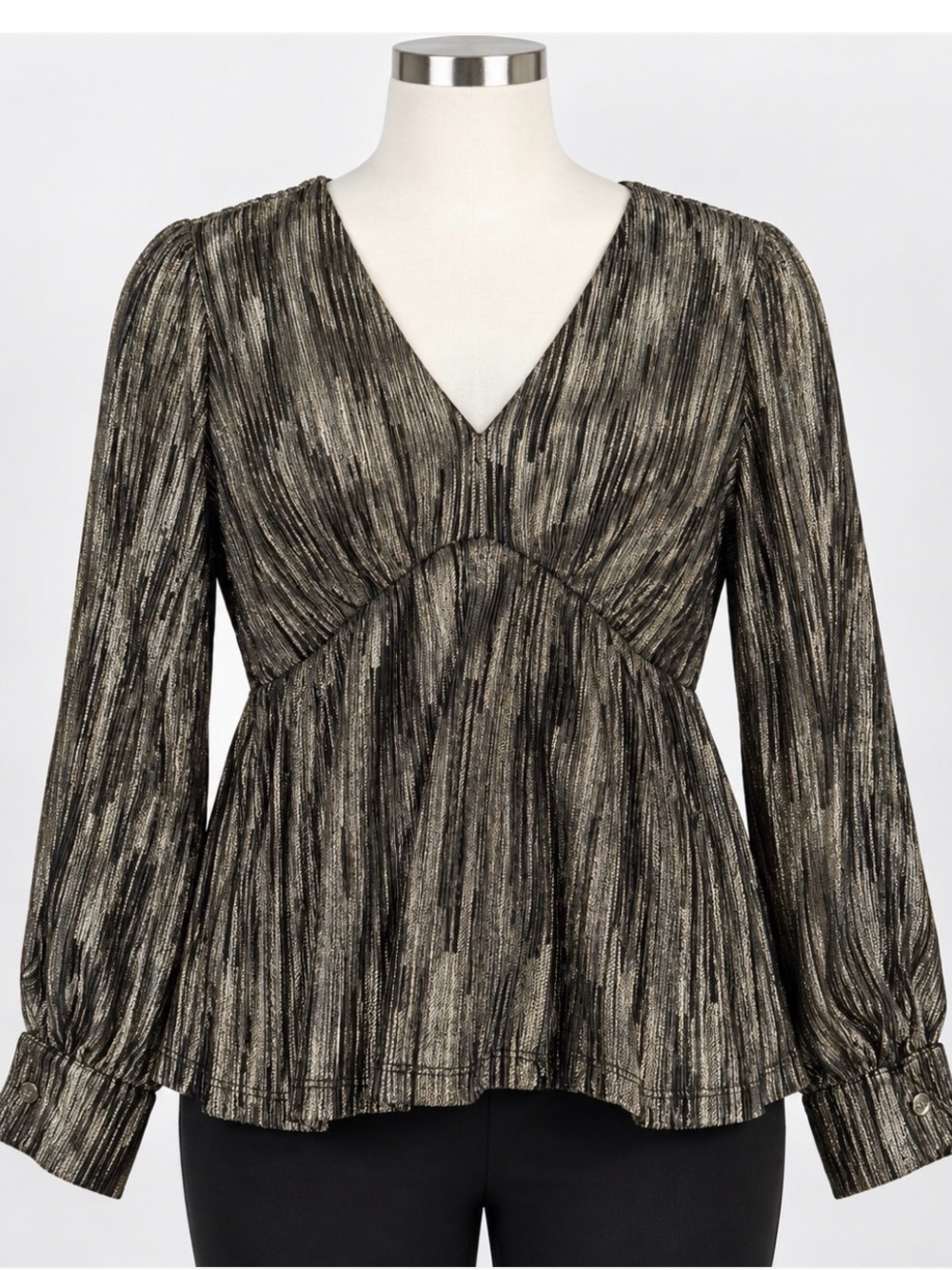Michael Kors Metallic Black and Gold V-Neck Peplum Blouse